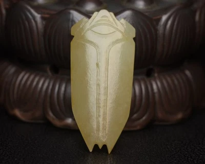 认证天然 Hetian Jade 手工雕刻清朝 Cicada 雕像11217 — 第 1/4 张图片