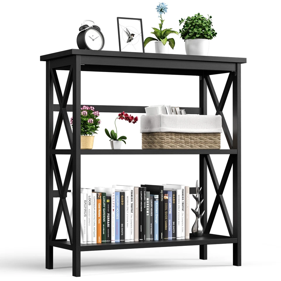 Costway 3-tier Bookshelf Wooden Open Storage Bookcase for Home Office Black