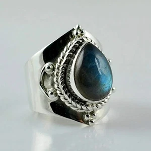 Gemstone Labradorite Pearl Shape Silvery Rings Size 6 - Picture 1 of 8