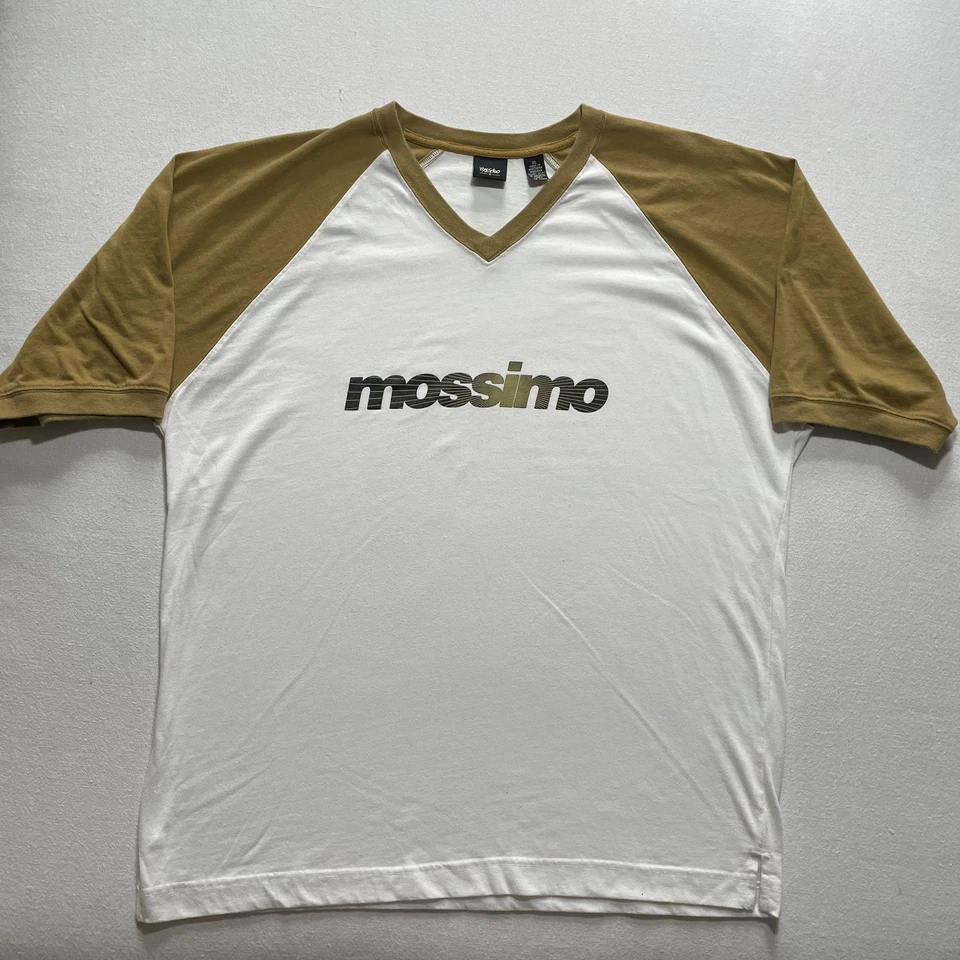 Camisa masculina Mossimo vintage GG branca bronzeada raglan gola V logotipo feita nos EUA surf anos 90 - Imagem 1 de 4