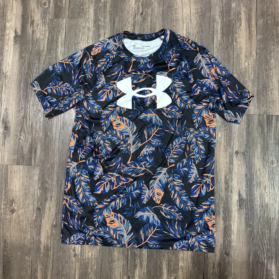 Under Armour Boy’s Heatgear Shirt Short Sleeve Loose YXL Black Feather Print - Image 1 of 4