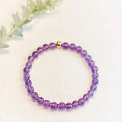 Pulseras elásticas redondas lisas de amatista genuina con cuentas de 4-5 mm 6-8"" Foto 1 de 4