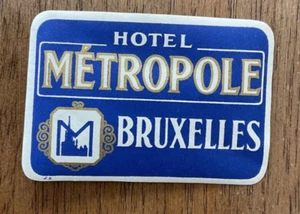 Vintage Hotel Metropole Bruxelles Luggage Label Original Blue - Picture 1 of 2