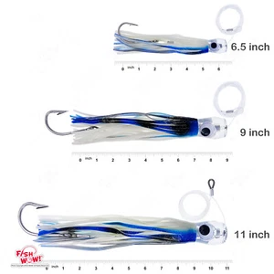 3pcs 6.5" 9" 11" Fishing cup Trolling Marlin skirt rig Resin Head Blue white NEW - Picture 1 of 6