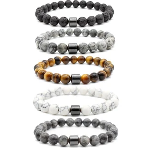 Magnet Charm Beads Stretch Natural Stone Lava Bead Bracelet For Couple - Picture 1 of 11