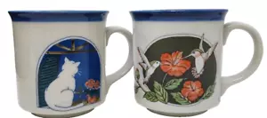 Taza de café vintage Otagiri gato colibrí ventana pintada a mano Japón conjunto 2 - Imagen 1 de 8