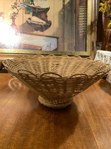 Vintage Light Wicker Hand Woven Round Basket~Wood Base~Fruit Display~1960s~Boho Cover