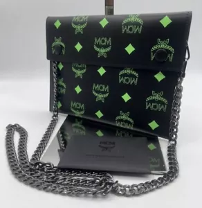 Neu MCM schwarz/grün Ledertasche Clutch Tasche Geldbörse Crossbody + Kette, echt - Bild 1 von 2