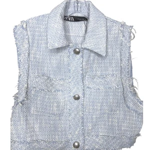 ZARA Light Blue White Tweed Fringe Vest Jacket Size L women New no tags - Picture 1 of 4