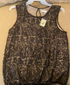 Blusa sin mangas Max Studio negra de malla con textura bordada lentejuelas XL nueva con etiquetas - Imagen 1 de 5