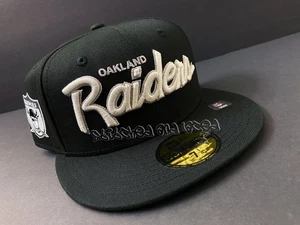 EXCLUSIVE OAKLAND RAIDERS FITTED HAT SCRIPT GITD BLACK GREY UV PATCH 7 1/4 - Picture 1 of 10