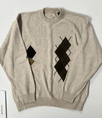 Suéter Pullover Mezcla Lana Cuello Redondo Imitación Gamuza Parche Argyle Italia Tostado Hombres XL Foto 1 de 4