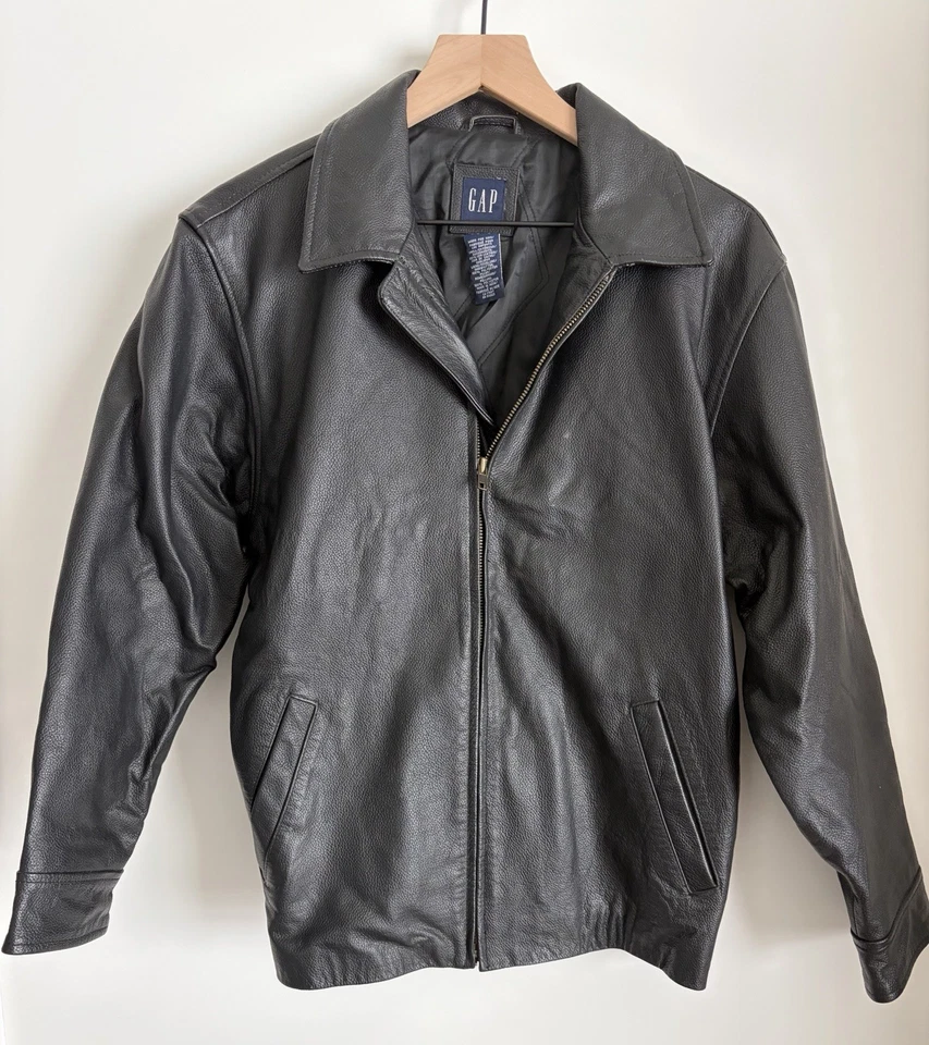 GAP Kids Cowhide Black Leather Full Zip Jacket Y2k Vintage Lined Pockets Sz XXL - Image 1 of 4