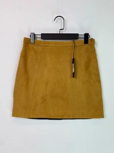 River Island Mustard Plain Faux Suede Mini Skirt A Line Zip Back UK 10 NEW - Picture 1 of 10