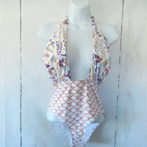 New Cupshe One Piece Swimsuit S Small White Floral Halter High Waisted - Picture 1 of 5
