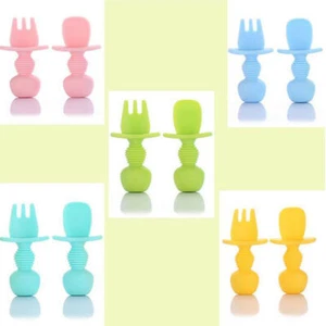 Spoon & Fork Baby Utensils Self Feed Toddler Silicone Feeding Training Cutlery - Picture 1 of 17
