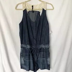 Pagliaccetto Jessica Simpson Cayo taglia S uncinetto lavaggio acido denim invecchiato schiena aperta - Foto 1 di 12
