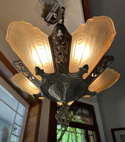 Art Deco 1930 Virden Chandelier 5 Slip Shades Light Ceiling Hanging Fixture Cover