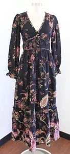 by Anthropologie Black Paisley Print Tiered Maxi Dress Size 6 Open Back Boho - Picture 1 of 11