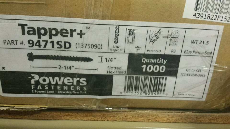 POWERS FIXERS TAPPER+ TAPCON ÂNCORA DE CONCRETO 2-1/4 X1/4 HEX 1000PC GRANEL - Imagem 1 de 1