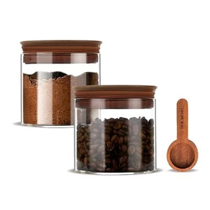 500ml Glass Coffee Canister With Wooden Lids And Scoop Kitchen Coffee Container  - Picture 1 of 8