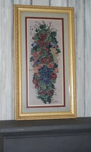 Vintage Glynda Turley TAPESTRY TEXTILE ART Fruit Grape Floral PICTURE Pro Framed - Picture 1 of 10