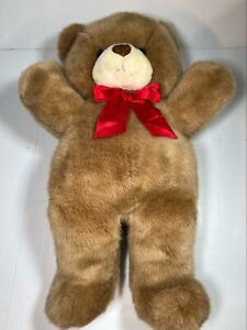 Vintage Dakin Brown Chubby Ginger Bear 19” Tan Face Red Satin Floppy Bow Classic