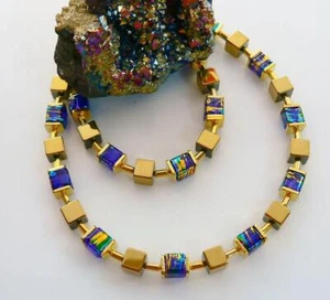 Cadena de cubos cadena hematita oro vidrio jaspeado azul real turquesa verde 068d - Imagen 1 de 11