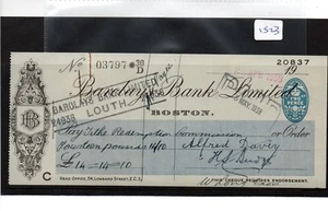 CHEQUE - CH1523 - USADO -1937/38 - BARCLAYS BANK, BOSTON - Imagen 1 de 1