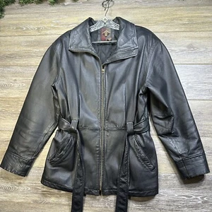 Leather Coat Size Small Black Genuine Lined Jacket Mid Length Belt Vintage G III - Picture 1 of 18