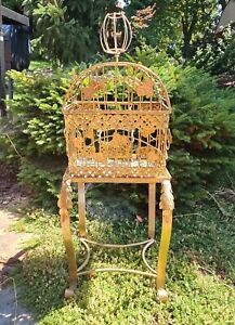 Vintage Metal Bird Cage with Swing Stand for Plants Decorative Gold 24" Tall