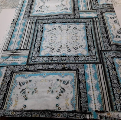 2 Yds Antonella #7264 Cheater Quilt Blocks Aqua Blue White Black Silver Hoffman - Image 1 of 4
