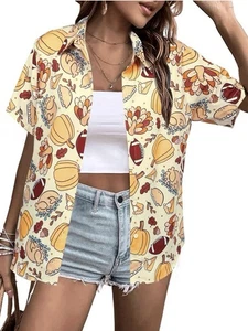 Thanksgiving Shirt Women Funny Pumpkin button Down Turkey Football Hawaiian MED - Picture 1 of 9