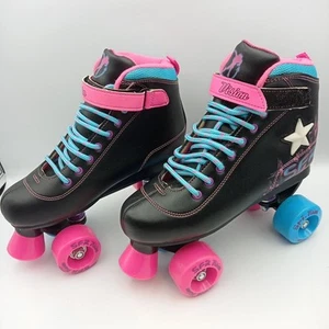 SFR Vision Quad Roller Skates Girls UK Size 4 / EUR 37 Black Pink Blue Star VGC - Picture 1 of 12