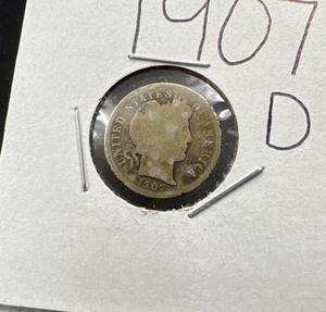 1907 D Barber 90% Silver Dime Coin AG About Good Very Circulated SKU#A - Picture 1 of 8