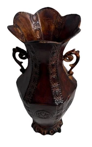 Vintage 1970er rustikale Metallvase 13" hoch floral geätzt Doppelgriff Kunstdekor - Bild 1 von 23