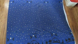 CHRISTMAS Vintage NATIVITY SCENE On BLUE 1980's Jersey KNIT Fabric - over 3 yd - Picture 1 of 4