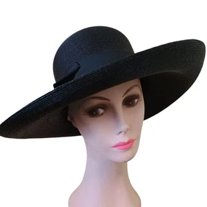 Vintage 1950's Black Straw Wide Brim Wedding Hat Made In Italy - Picture 1 of 7
