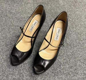 Jimmy Choo Women’s Sz 39.5 Strap Peep Toe Black Stiletto Leather Pumps Classic - Picture 1 of 8