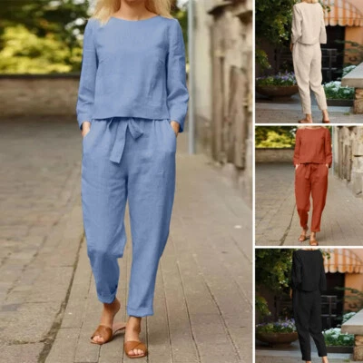 2 PIEZAS Mujeres Lino Algodón Trajes Chándal Traje Conjunto Camisa Top Cintura Elástica Pantalones Foto 1 de 4