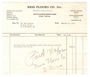 York, PA - Ness Floors Co. - Billhead - 13 ottobre 1932 - Foto 1 di 4