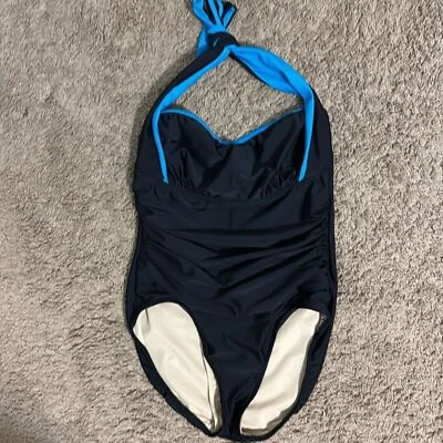 Traje de baño Carol Wior vintage hecho en EE. UU. negro azul 1 pieza halter 14 Rockabilly Foto 1 de 4