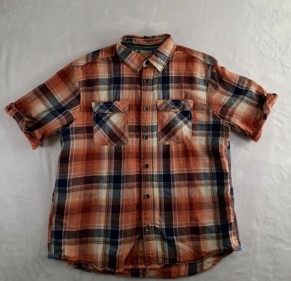 North Coast Shirt Mens Medium Orange Check Plaid Western Country Linen Blend - Image 1 of 4