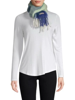 NEW BURBERRY Moahir Wool Colorblock Fringing Green Blue Wrap Neck Scarf 51" x10" - Image 1 of 4