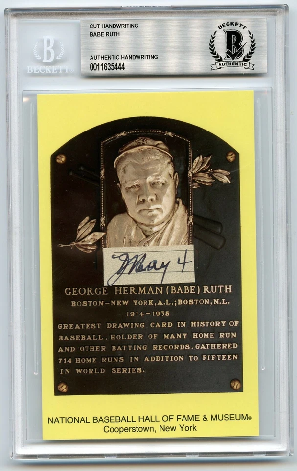 Babe Ruth "May 4" Signed Cut Handwriting HOF Plaque BAS Beckett BGS - Image 1 of 3