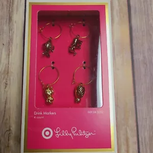 Lilly Pulitzer Drink Markers Wine Charms Tropical Beverage Rings NEW Gold 4 - Picture 1 of 3