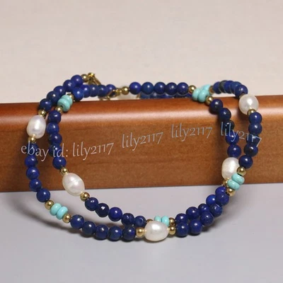 Colar de pérolas brancas turquesa contas de pedra preciosa lápis-lazúli natural 4 mm 14-36 pol - Imagem 1 de 4