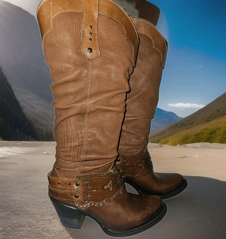 Botas hasta la rodilla de cuero de vaca Cuadra marrón vaquera occidental para mujer talla 8,5 Foto 1 de 4