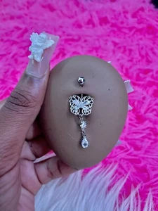 Silver Butterfly Belly Button Ring 14G For Navel Piercings Dangling Cute Jewelry - Picture 1 of 2