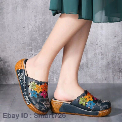 Women's Genuine Leather Platform Shoes Hollow Out Ethnic Sandals Slippers New - Image 1 of 4